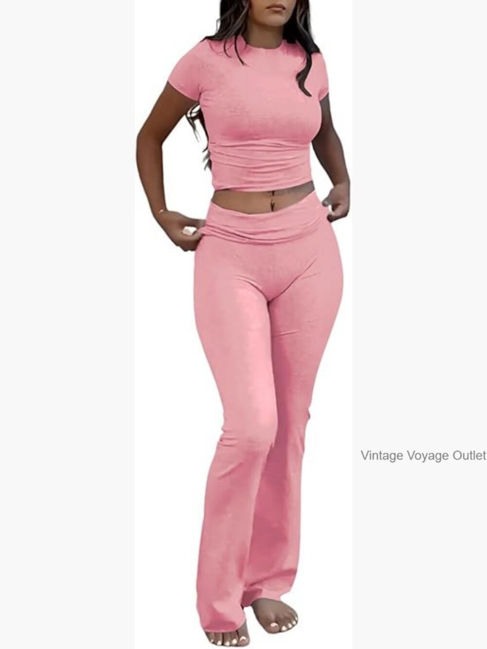 Two Piece Lounge Set Short Sleeve Slim Fit Pull On Set